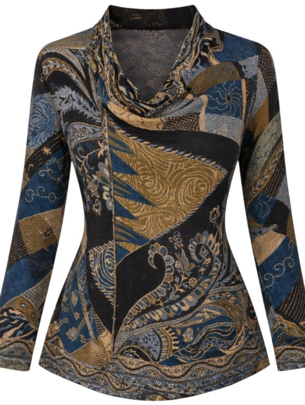 Long Sleeve Top Blue Boho Patchwork Print OSFM
